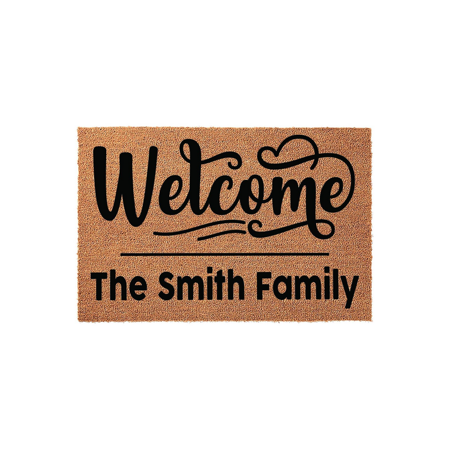 Personalized family name coir doormat featuring a natural brown fiber texture with the word Welcome in elegant black script lettering above the custom family name printed in a clean, modern sans-serif font on a plain white