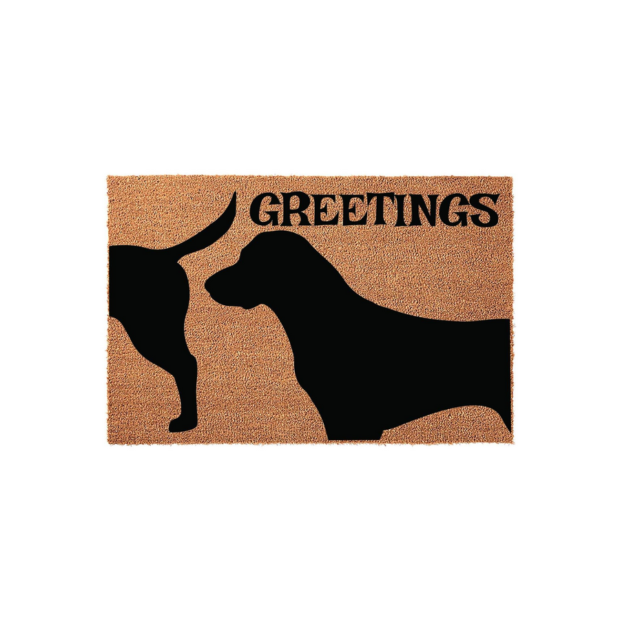 Funny Dog Greetings Coir Doormat featuring a black silhouette of a dog sniffing another dog's rear end, printed on a natural brown textured coir fiber mat that adds a humorous touch to any front porch or entryway decor.