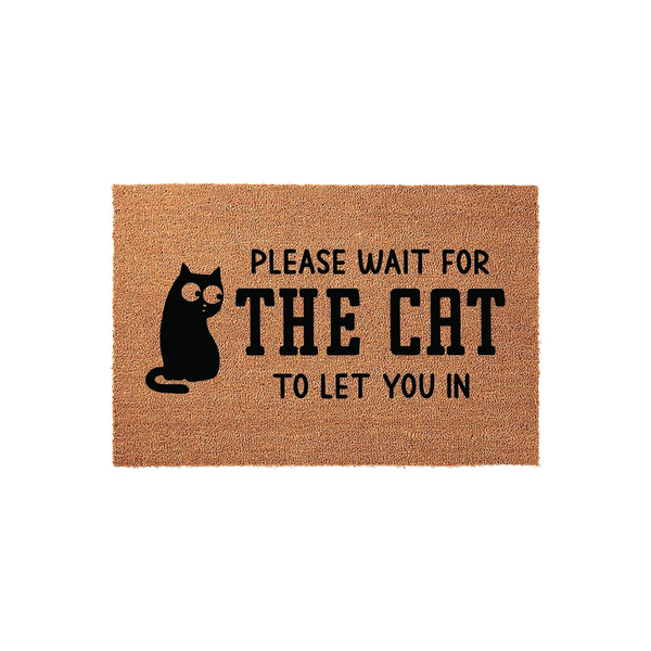 Funny Cat Welcome Doormat made of natural coir fiber, featuring a black silhouette of a wide-eyed cat and the text Please Wait For The Cat To Let You In, set against a plain white background for a clean and humorous entryway