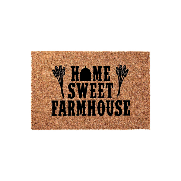Home Sweet Farmhouse coir doormat featuring a rustic brown natural fiber texture with black printed text and wheat stalk illustrations, creating a welcoming entryway decor piece for a modern farmhouse style front porch or home