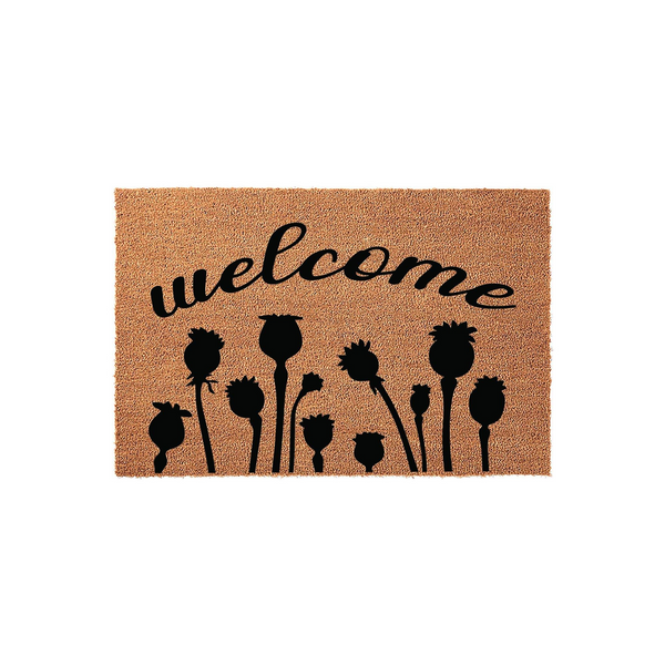 Welcome coir doormat featuring a natural tan fiber texture and a black silhouette design of poppy seed pods, creating a charming botanical entryway accent for your front porch or home entrance on a clean white background.