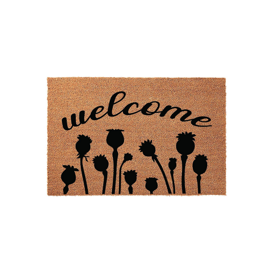 Welcome coir doormat featuring a natural tan fiber texture and a black silhouette design of poppy seed pods, creating a charming botanical entryway accent for your front porch or home entrance on a clean white background.