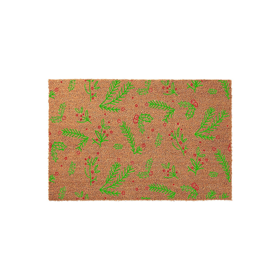 Christmas Holly and Pine Branch Doormat featuring a natural coir texture printed with a festive pattern of bright green evergreen sprigs and small red berries, creating a cheerful holiday welcome for your front porch or entryway