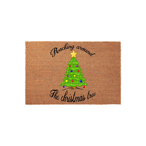 Rocking Around The Christmas Tree coir doormat featuring a festive green pine tree illustration with colorful ornaments and a yellow star topper, set against a natural brown textured background for holiday home decor.