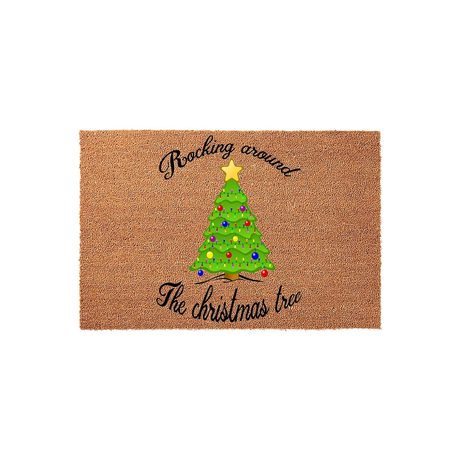 Rocking Around The Christmas Tree coir doormat featuring a festive green pine tree illustration with colorful ornaments and a yellow star topper, set against a natural brown textured background for holiday home decor.