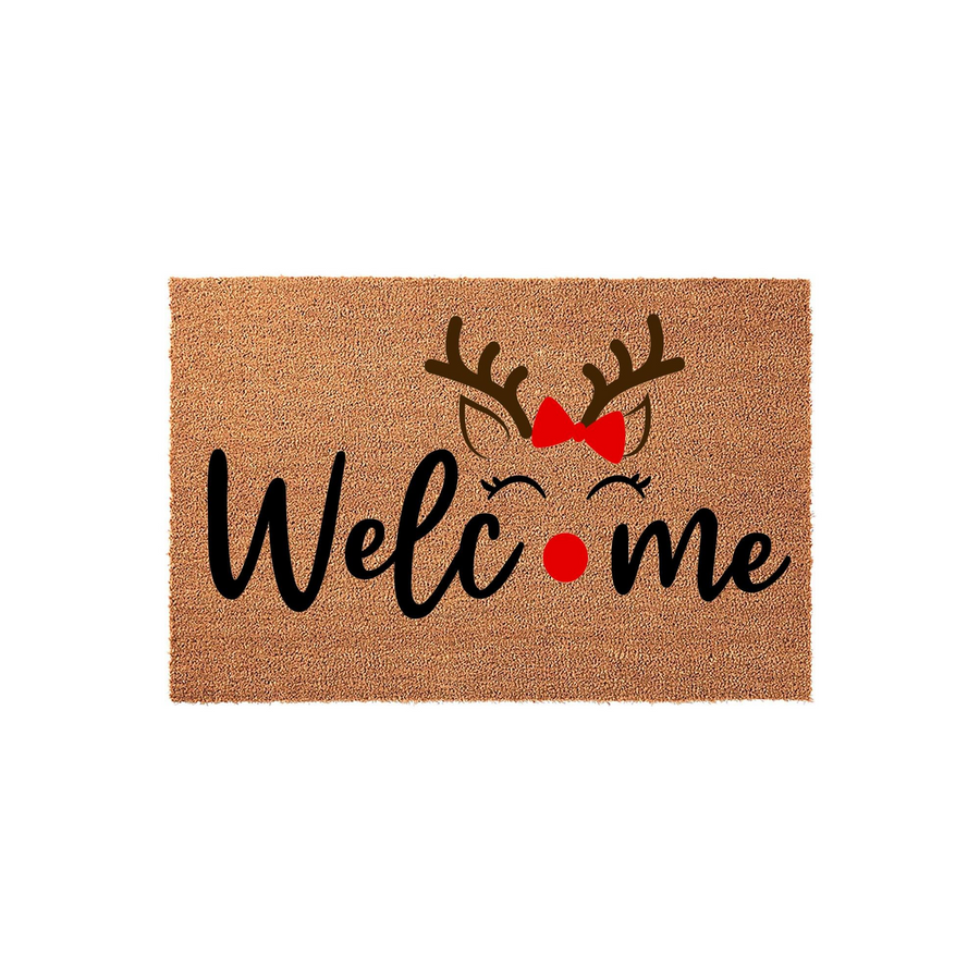 Reindeer Welcome Doormat featuring a festive holiday design on natural coir fiber, displaying the word Welcome with a bright red nose, brown antlers, and a cute red bow centered above the text on a clean white studio background.