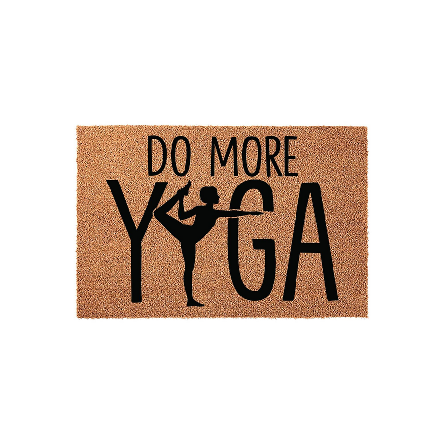 Do More Yoga coir doormat featuring a natural brown fiber texture and bold black text, with a silhouette of a person in a yoga pose replacing the letter O to create a fun and motivational entryway decor piece for any home or