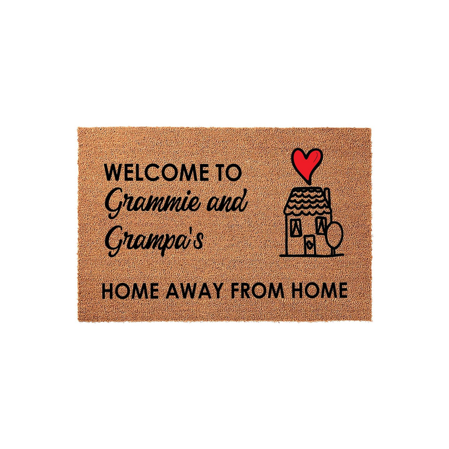 Personalized Grammie and Grampa doormat featuring a natural coir texture with black text that reads Welcome to Grammie and Grampa's Home Away From Home, accented by a charming hand-drawn house illustration topped with a bright