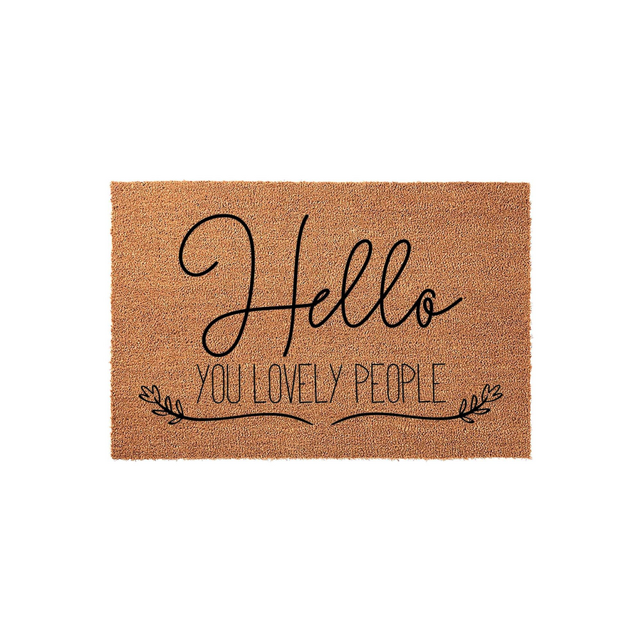 Hello You Lovely People coir doormat featuring a natural brown fiber texture and black script lettering, designed as a welcoming front porch entrance mat for your home with a decorative leafy vine accent at the bottom of the text.