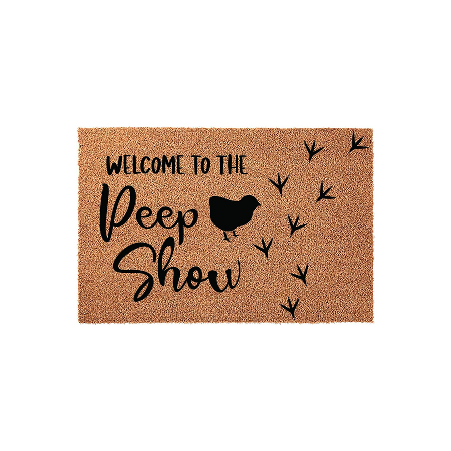 Funny Peep Show chicken doormat made of natural coir fiber, featuring a cute black silhouette of a chick and small bird footprints printed on the front, perfect for a farmhouse porch or a fun entryway decor for any chicken lover.