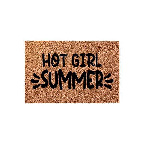Hot Girl Summer coir doormat featuring bold black text printed on a natural tan fiber background, creating a fun and trendy entryway decor piece that welcomes guests with a playful seasonal message for your front porch or home