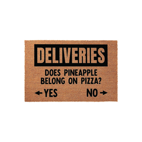 Funny Pineapple Pizza Delivery Doormat featuring a natural coir texture with black text that asks if pineapple belongs on pizza, providing a choice between yes and no arrows for delivery drivers to indicate their preference at