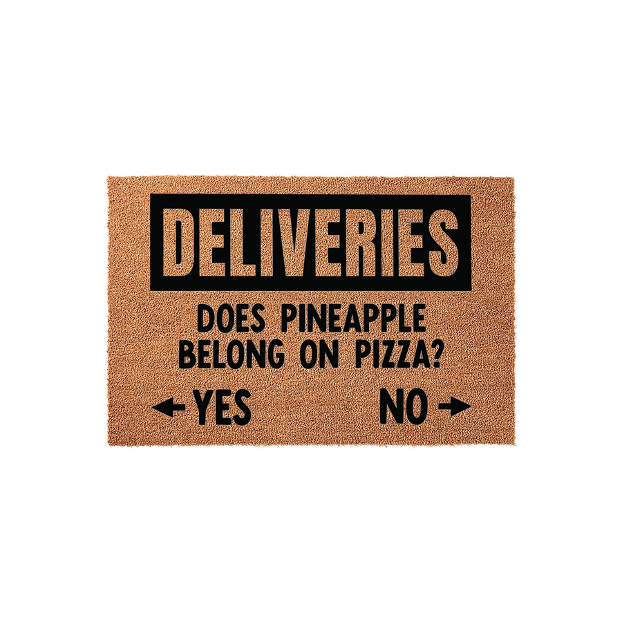 Funny Pineapple Pizza Delivery Doormat featuring a natural coir texture with black text that asks if pineapple belongs on pizza, providing a choice between yes and no arrows for delivery drivers to indicate their preference at