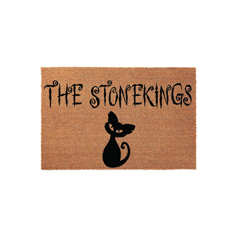 Personalized Halloween cat doormat featuring a black silhouette of a cat and custom family name text in a whimsical, spooky font on a natural coir fiber background, perfect for a festive entryway or front porch decor.