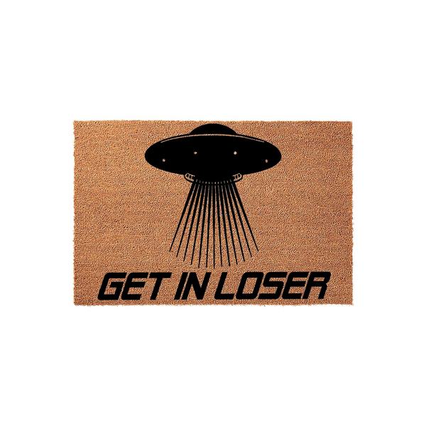Get In Loser UFO doormat featuring a black graphic of a flying saucer beaming down light rays onto a natural brown coir fiber mat, creating a funny and unique sci-fi themed entrance decor piece for any space-loving home or
