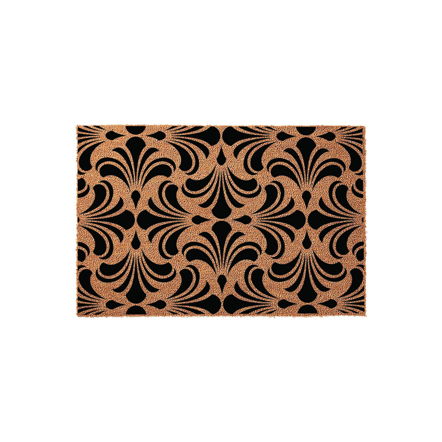 Art Deco Pattern Coir Doormat featuring a sophisticated black and natural tan geometric fan design, providing a durable and stylish welcome mat for your front porch entrance that adds a touch of vintage elegance to any home