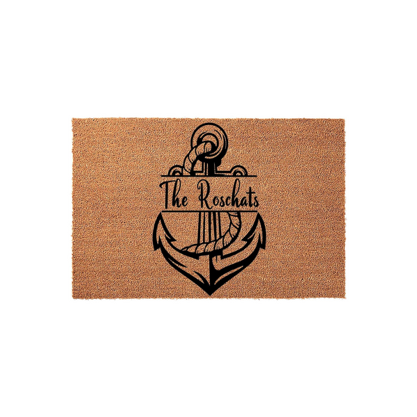 Personalized Nautical Anchor Doormat featuring a natural coir texture and a bold black graphic of a ship anchor with a rope, customized with a family name across the center for a welcoming coastal home entrance decor style.