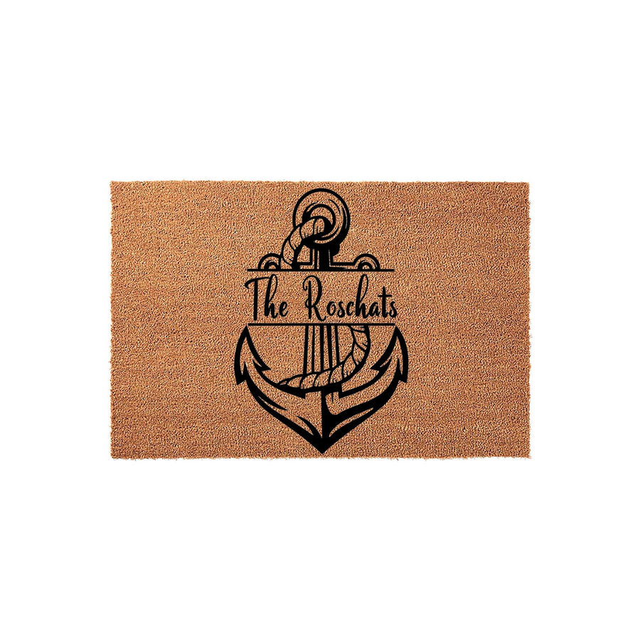 Personalized Nautical Anchor Doormat featuring a natural coir texture and a bold black graphic of a ship anchor with a rope, customized with a family name across the center for a welcoming coastal home entrance decor style.