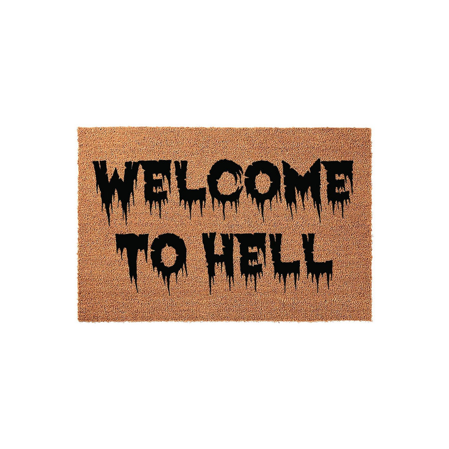 Welcome to Hell coir doormat featuring a spooky, dripping black font on a natural brown fiber background, making it a fun and humorous front porch decor choice for Halloween or anyone who enjoys a dark, gothic sense of humor at