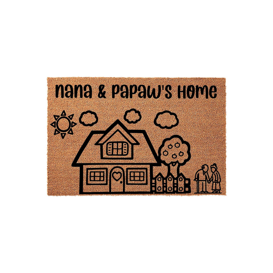 Nana and Papaw's home personalized coir doormat featuring a charming black line art illustration of a house, a sun, clouds, and an elderly couple holding hands, set against a natural brown textured fiber background for a front
