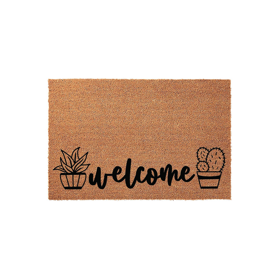Cactus Welcome Doormat featuring a natural coir fiber texture with black printed text that says Welcome, flanked by two potted succulent and cactus illustrations on a clean white background for a modern farmhouse entryway decor