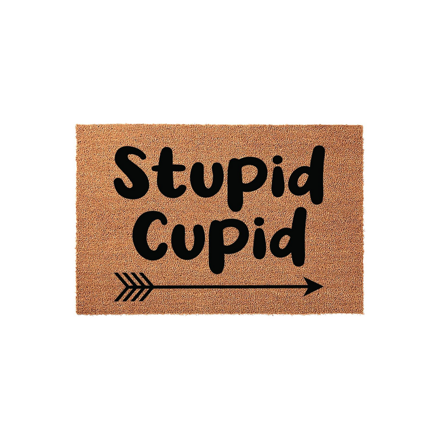 Stupid Cupid coir doormat featuring bold black text and a decorative arrow graphic on a natural brown fiber background, making a humorous and festive addition to your front porch decor for the Valentine's Day holiday season.