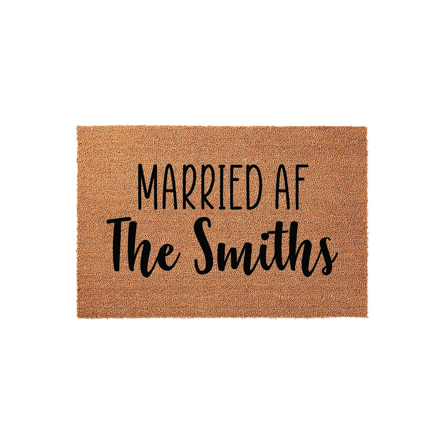 Personalized Married AF doormat featuring a natural coir fiber texture with bold black lettering that displays the funny phrase and a custom family name, making it a humorous and welcoming addition to any front porch entryway.