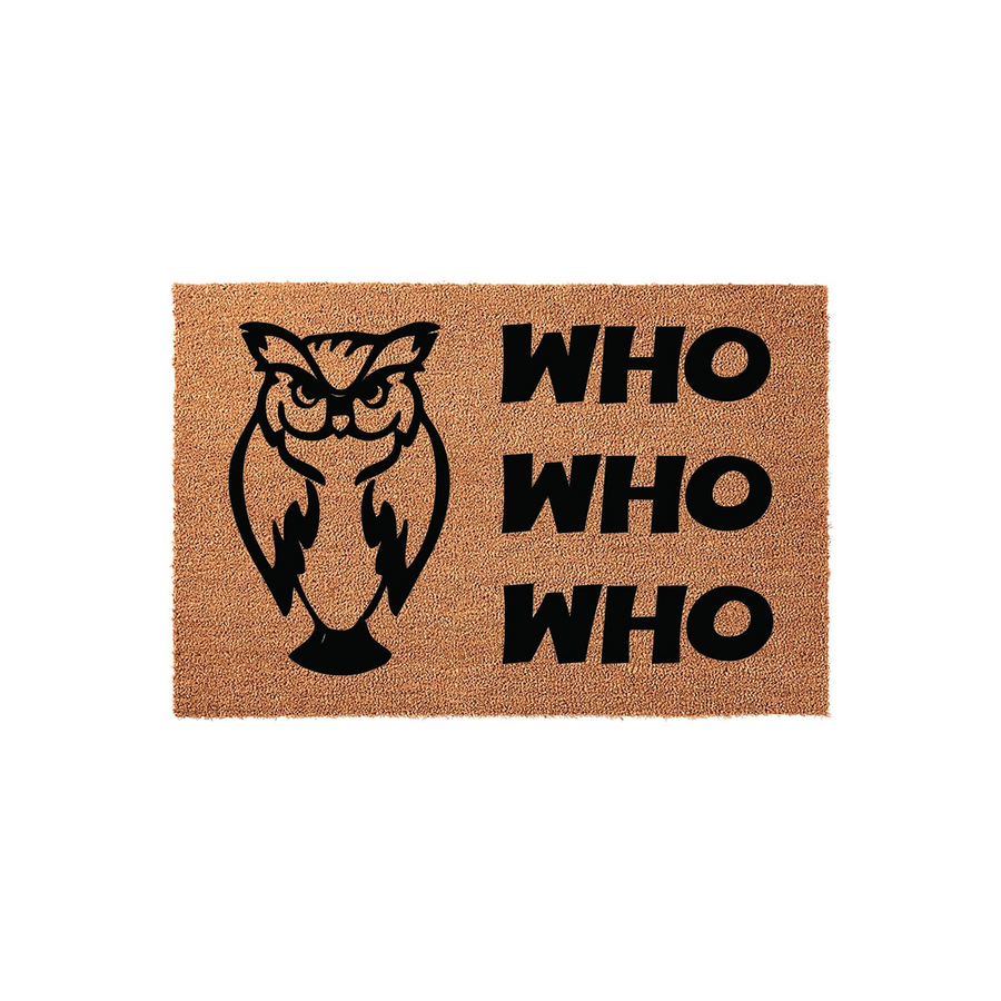 Owl Welcome Doormat featuring a natural coir fiber texture with a black graphic of a wise owl on the left side and the playful text Who Who Who printed in bold black lettering on the right for a fun outdoor entryway decor accent.