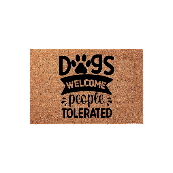 Dogs Welcome People Tolerated coir doormat featuring a playful black paw print design on a natural tan fiber background, making a humorous front porch entrance rug for any dog lover who enjoys a funny and welcoming home decor