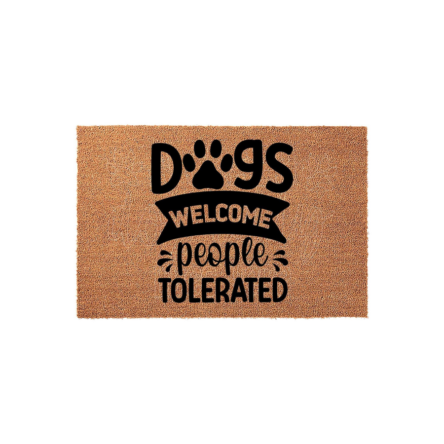 Dogs Welcome People Tolerated coir doormat featuring a playful black paw print design on a natural tan fiber background, making a humorous front porch entrance rug for any dog lover who enjoys a funny and welcoming home decor