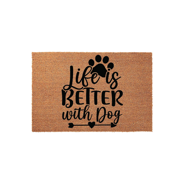 Life is Better with Dog coir doormat featuring a natural tan fiber texture and bold black lettering, accented by a paw print and an arrow design that makes a welcoming addition to any pet lover's front porch or entryway decor.