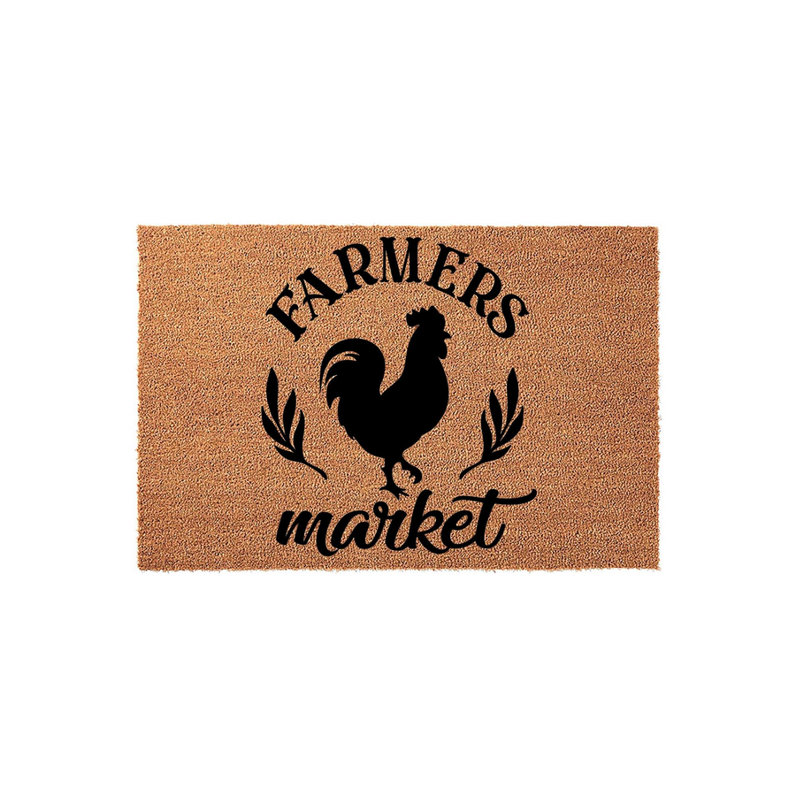 Farmers Market coir doormat featuring a black rooster silhouette in the center, surrounded by decorative leaf accents and rustic typography on a natural tan textured background for a farmhouse style entryway or porch decor.