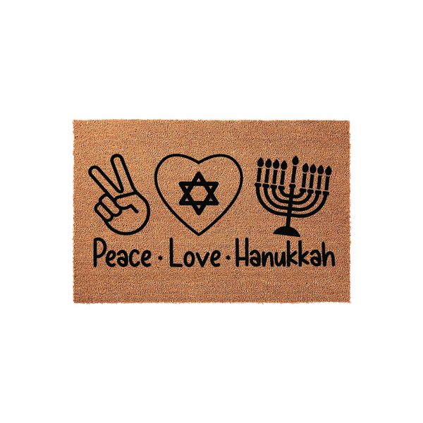 Peace Love Hanukkah doormat featuring a natural coir texture with a black printed design of a peace sign, a heart with a Star of David, and a menorah, creating a festive Jewish holiday welcome mat for your front porch entrance.