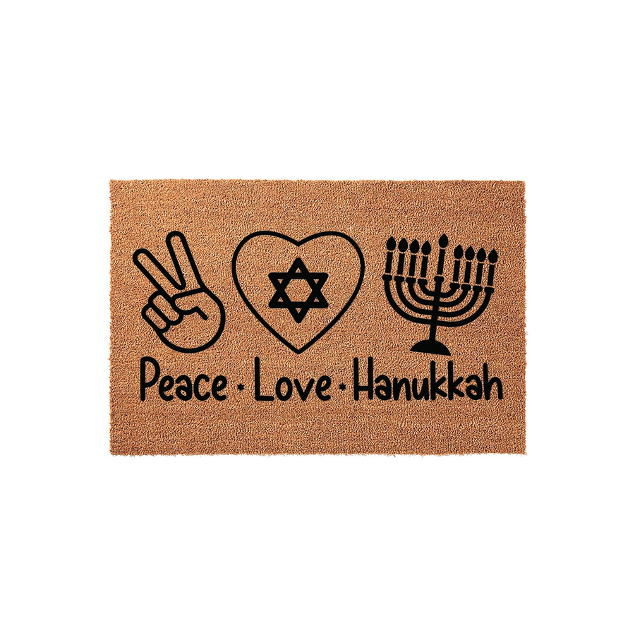 Peace Love Hanukkah doormat featuring a natural coir texture with a black printed design of a peace sign, a heart with a Star of David, and a menorah, creating a festive Jewish holiday welcome mat for your front porch entrance.
