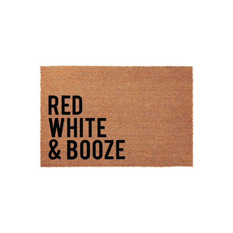 Red White and Booze coir doormat featuring bold black typography on a natural tan fiber background, perfect for a fun outdoor entryway or a festive home decor accent that welcomes guests with a humorous and patriotic summer party