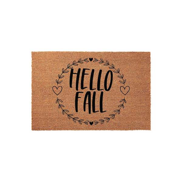 Hello Fall coir doormat featuring a rustic natural fiber texture with a black printed design of a leafy wreath, small hearts, and the seasonal greeting Hello Fall centered on a clean white background for autumn porch decor.