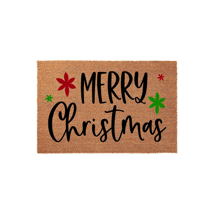 Merry Christmas coir doormat featuring a natural tan fiber texture with black script lettering and festive red and green star-shaped accents, creating a welcoming holiday entrance decor piece for your front porch or home entryway.