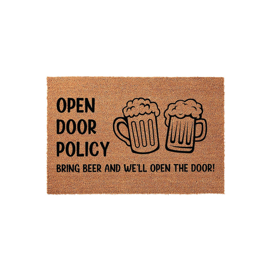 Funny Beer Themed Coir Doormat featuring the text Open Door Policy and Bring Beer and We Will Open The Door, accompanied by two illustrated beer mugs on a natural brown fiber background for a humorous home entryway welcome mat.
