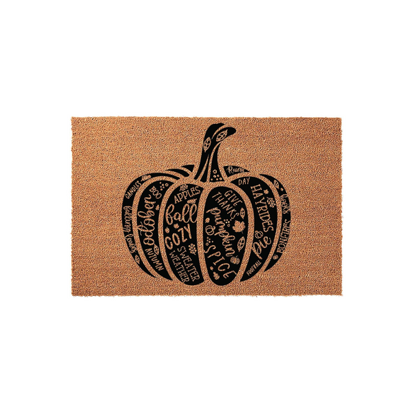 Fall Pumpkin Coir Doormat featuring a large black pumpkin silhouette filled with seasonal words like October, apples, cozy, and pumpkin spice, set against a natural tan textured fiber background for a festive autumn entryway