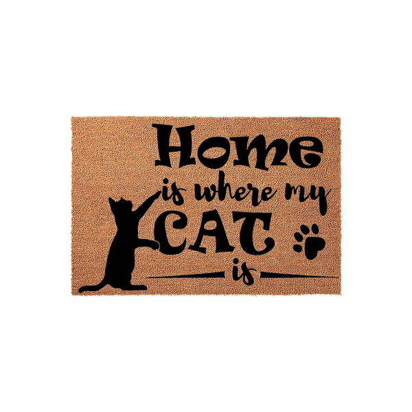 Home is where my cat is coir doormat featuring a black silhouette of a playful cat reaching up toward the text, accented by a paw print design on a natural brown textured fiber background for a charming entryway decor statement