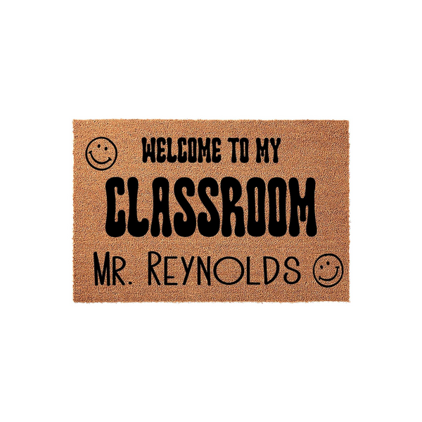 Personalized Classroom Welcome Doormat featuring a natural coir texture with black text that reads Welcome to My Classroom and includes a smiley face icon, making it a cheerful door decor piece for a teacher to display at their