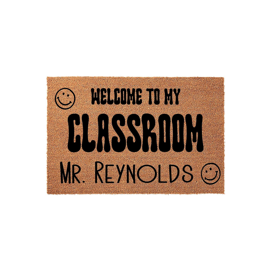 Personalized Classroom Welcome Doormat featuring a natural coir texture with black text that reads Welcome to My Classroom and includes a smiley face icon, making it a cheerful door decor piece for a teacher to display at their