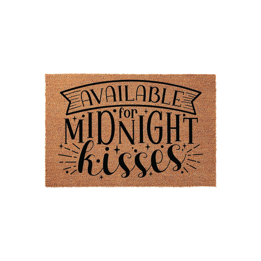 Available for Midnight Kisses coir doormat featuring bold black typography on a natural tan fiber background, designed with a festive banner and star accents to create a fun and welcoming entrance for your home during the holiday
