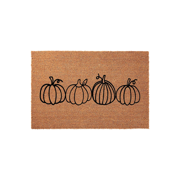 Fall Pumpkin Coir Doormat featuring a minimalist black line art design of four pumpkins centered on a natural brown textured coconut fiber mat, creating a festive autumn entryway decor piece for your front porch or home entrance.