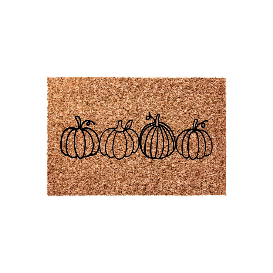 Fall Pumpkin Coir Doormat featuring a minimalist black line art design of four pumpkins centered on a natural brown textured coconut fiber mat, creating a festive autumn entryway decor piece for your front porch or home entrance.