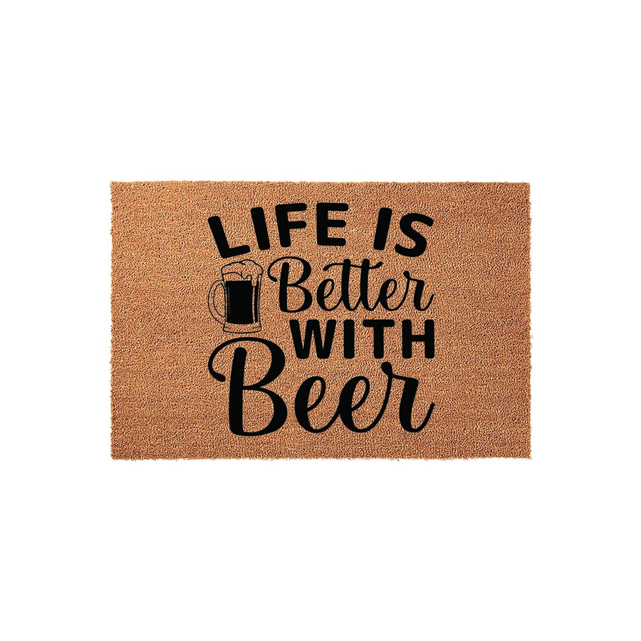 Life is Better With Beer coir doormat featuring a rustic natural fiber texture and bold black typography, complete with a graphic of a frothy beer mug to welcome guests to your home with a fun and casual outdoor entryway decor