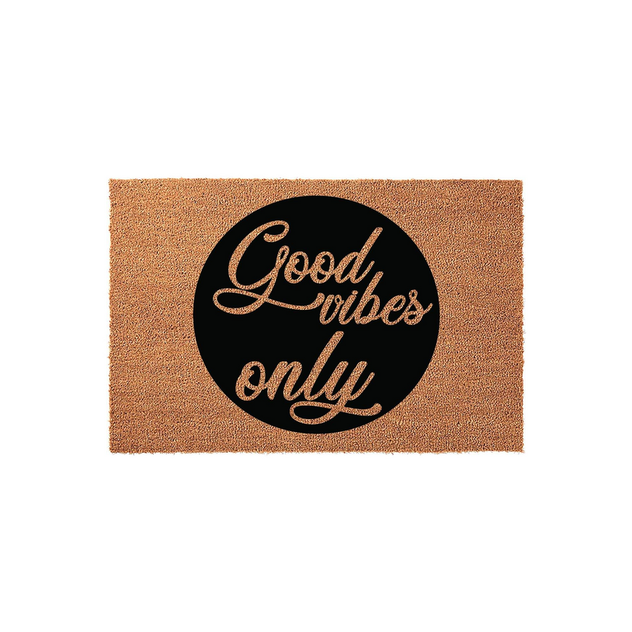 Good Vibes Only coir doormat featuring a large black circular center design with elegant script lettering, set against a natural brown textured fiber background that adds a welcoming touch to any front porch or entryway decor.