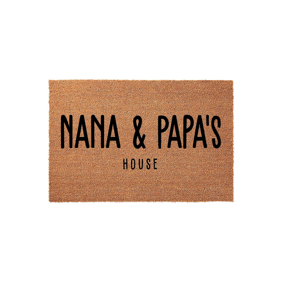 Nana and Papa's House coir doormat featuring bold black lettering on a natural tan fiber background, creating a welcoming entrance piece for a grandparent's home that is durable and perfect for any front porch or entryway decor.