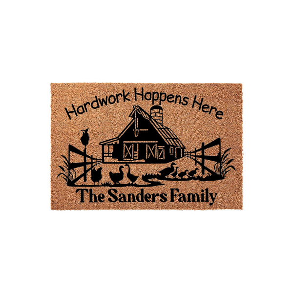 Personalized Farmhouse Coir Doormat featuring a black barn and poultry silhouette design with the text Hardwork Happens Here and a custom family name, set against a natural tan textured background for a rustic outdoor entryway