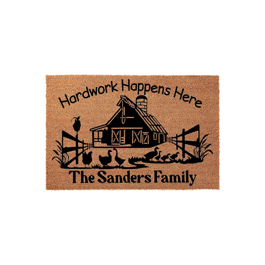 Personalized Farmhouse Coir Doormat featuring a black barn and poultry silhouette design with the text Hardwork Happens Here and a custom family name, set against a natural tan textured background for a rustic outdoor entryway
